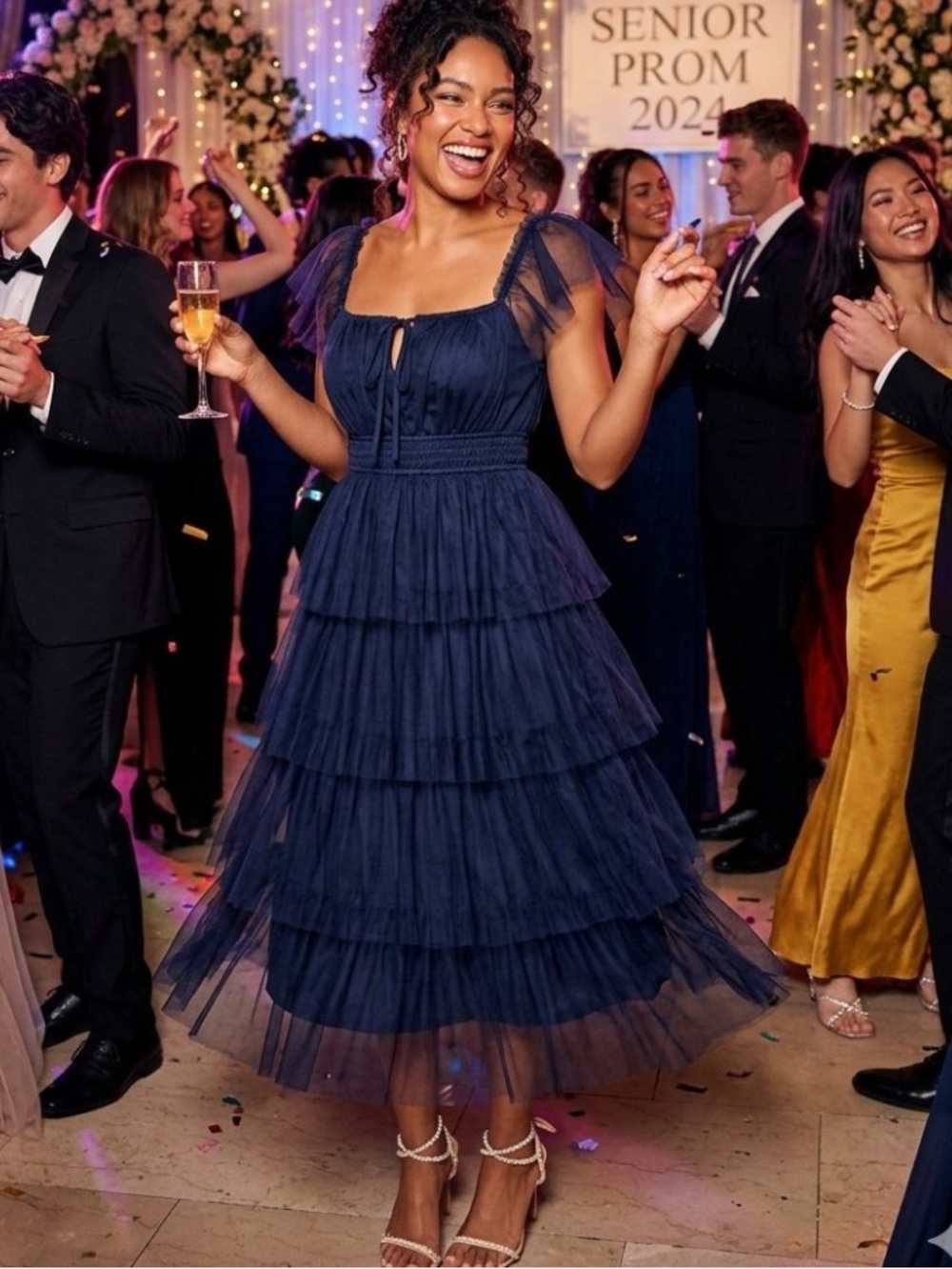 New Lulus Elegant Navy Tiered Tulle Homecoming Dress Sz Large